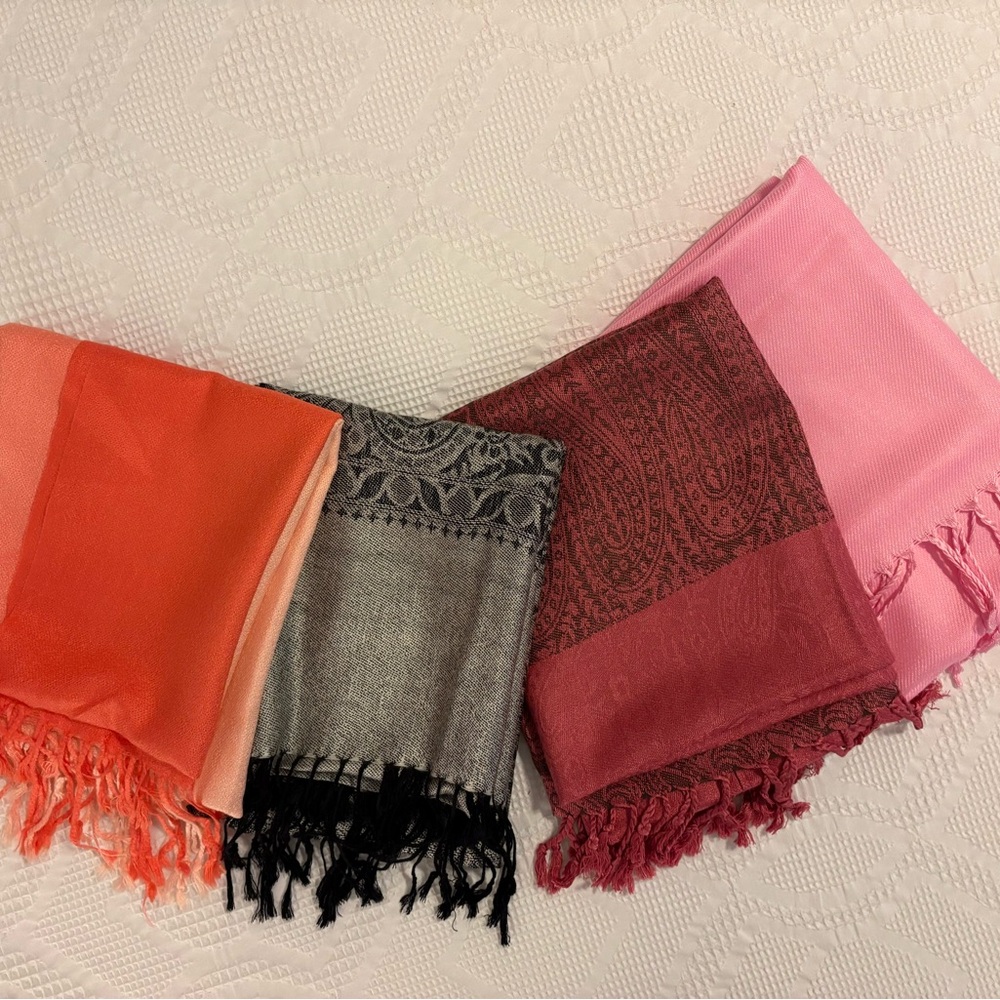 Pashmina Scarves Lot in Orange, Gray, and Pink